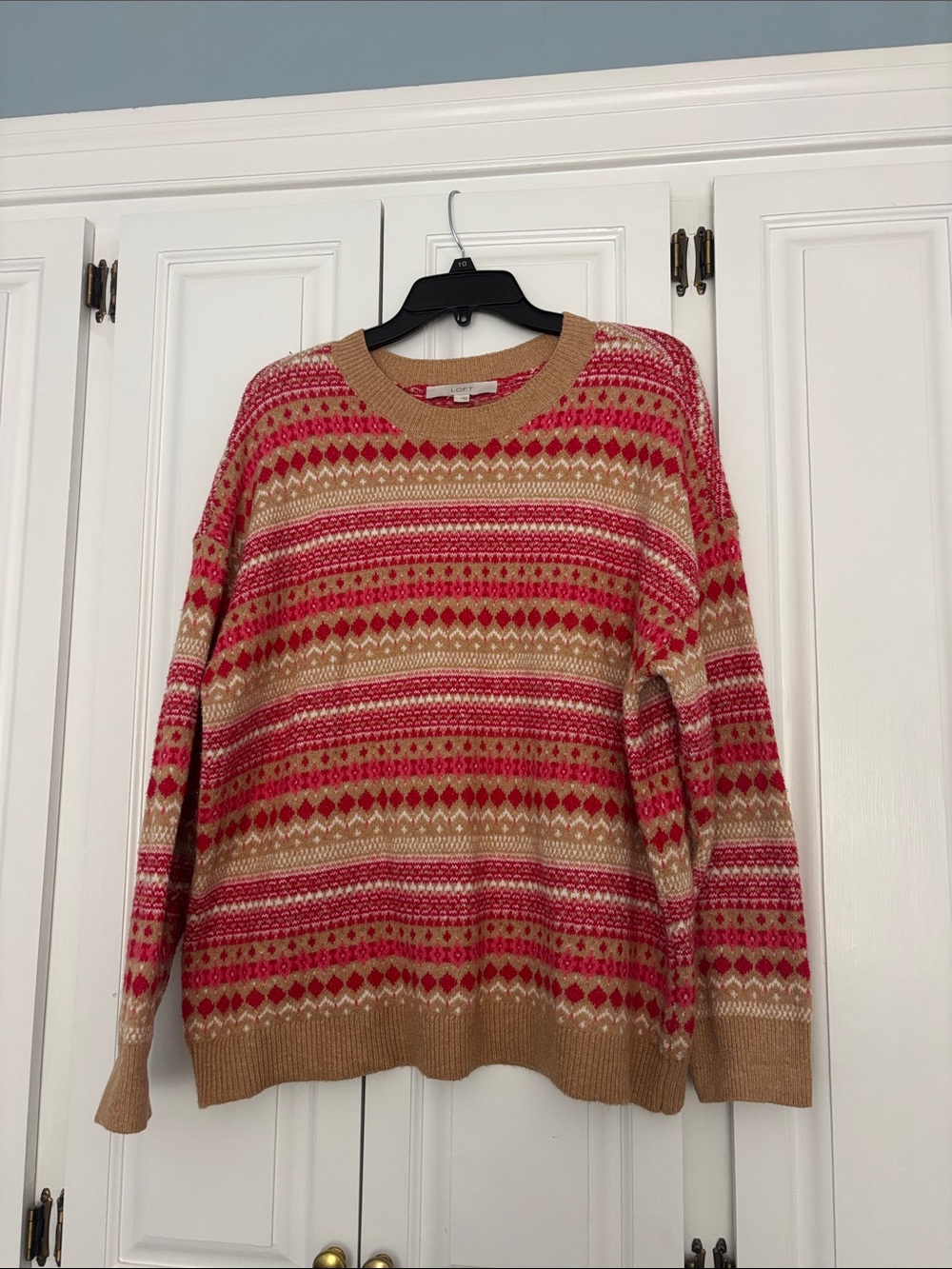 LOFT Camel & Pink Fair Isle Crewneck Sweater